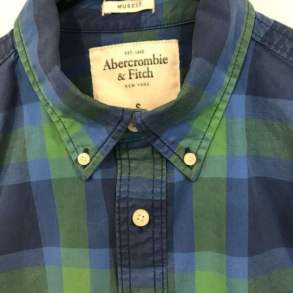 Abercrombie & Fitch Men's Long Sleeve Muscle Shirt Size Small Blue Green Plaid - Picture 2 of 15